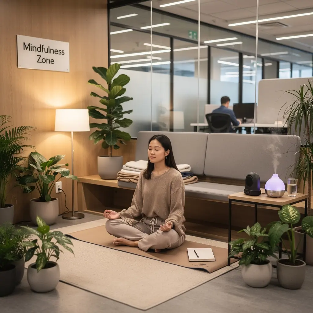 Офисное пространство с открытой планировкой и четкими проходами для гостей.