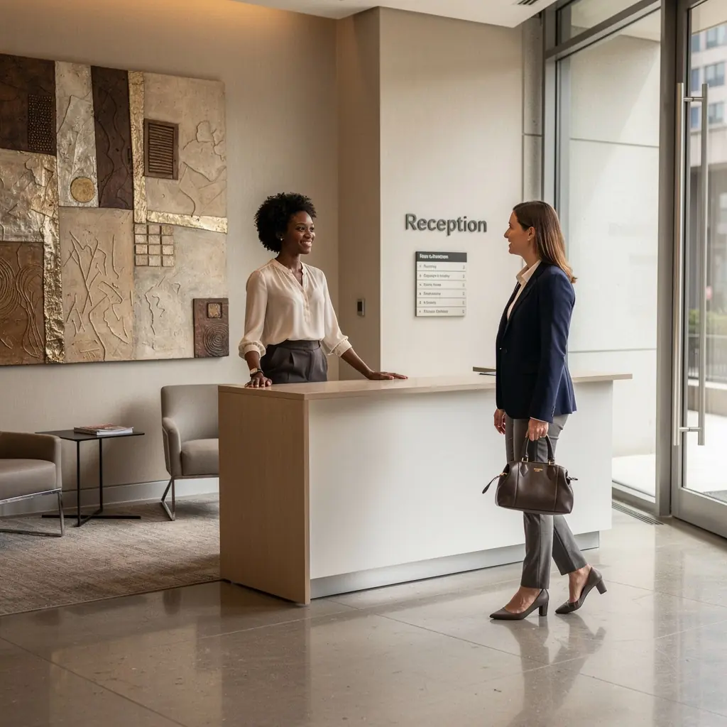 Минималистичный уголок для отдыха с мягкими диванами и журнальным столиком.