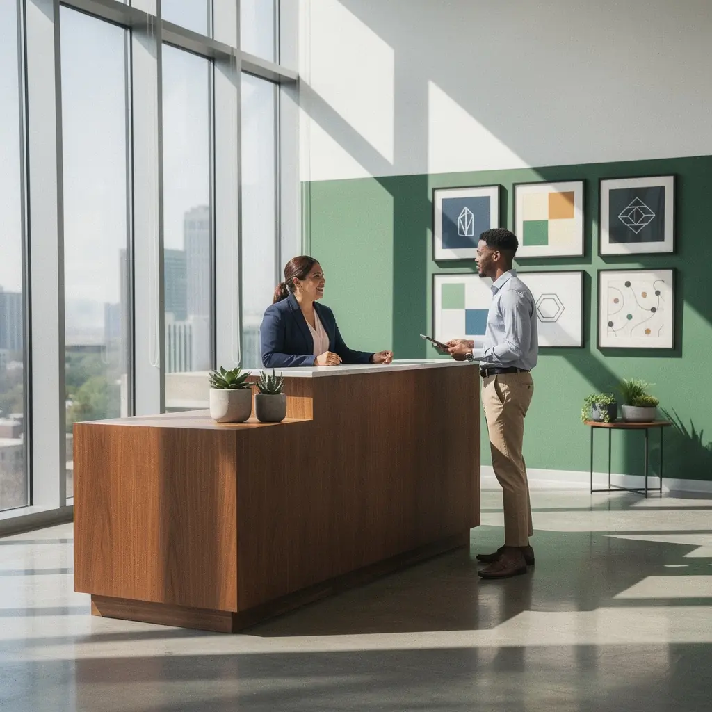 Четкая планировка офиса с удобными проходами и информационными стендами для посетителей.