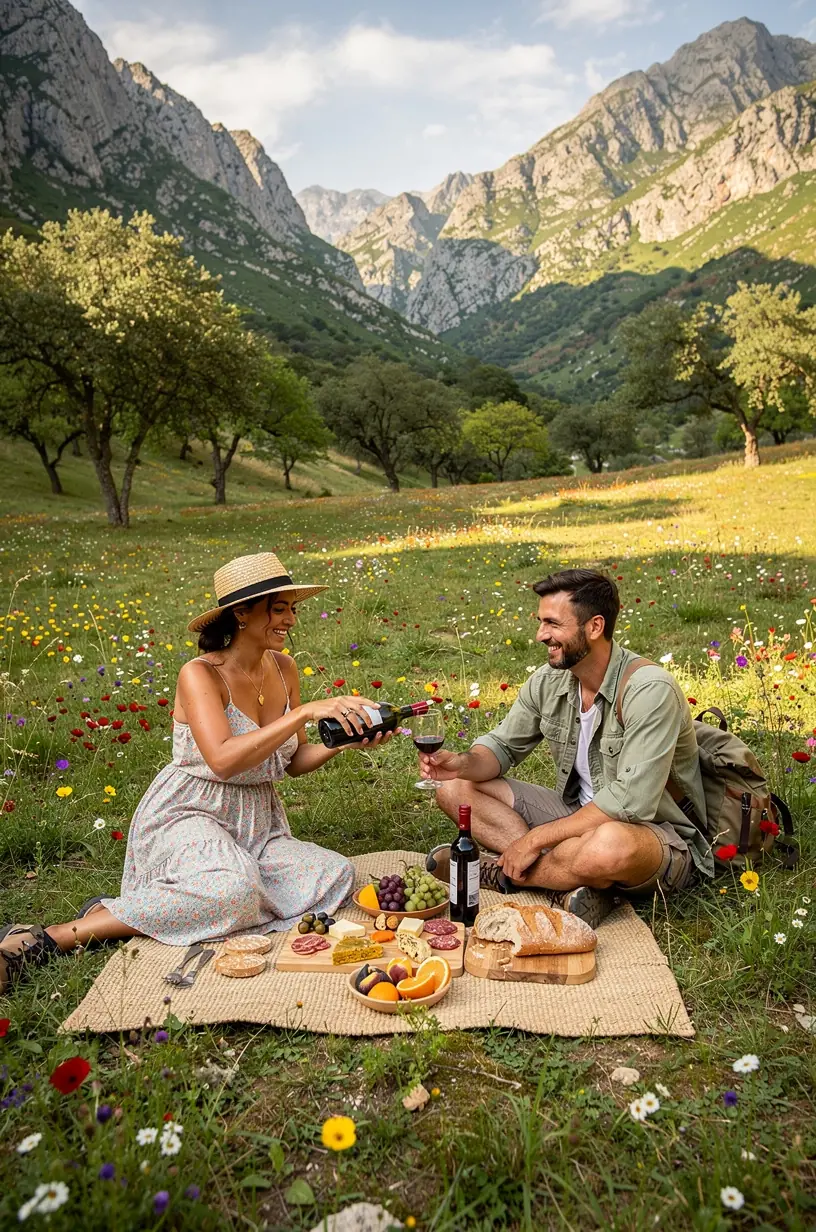 Vista panorámica de un camino rural que atraviesa colinas y bosques en una zona de senderismo en España.