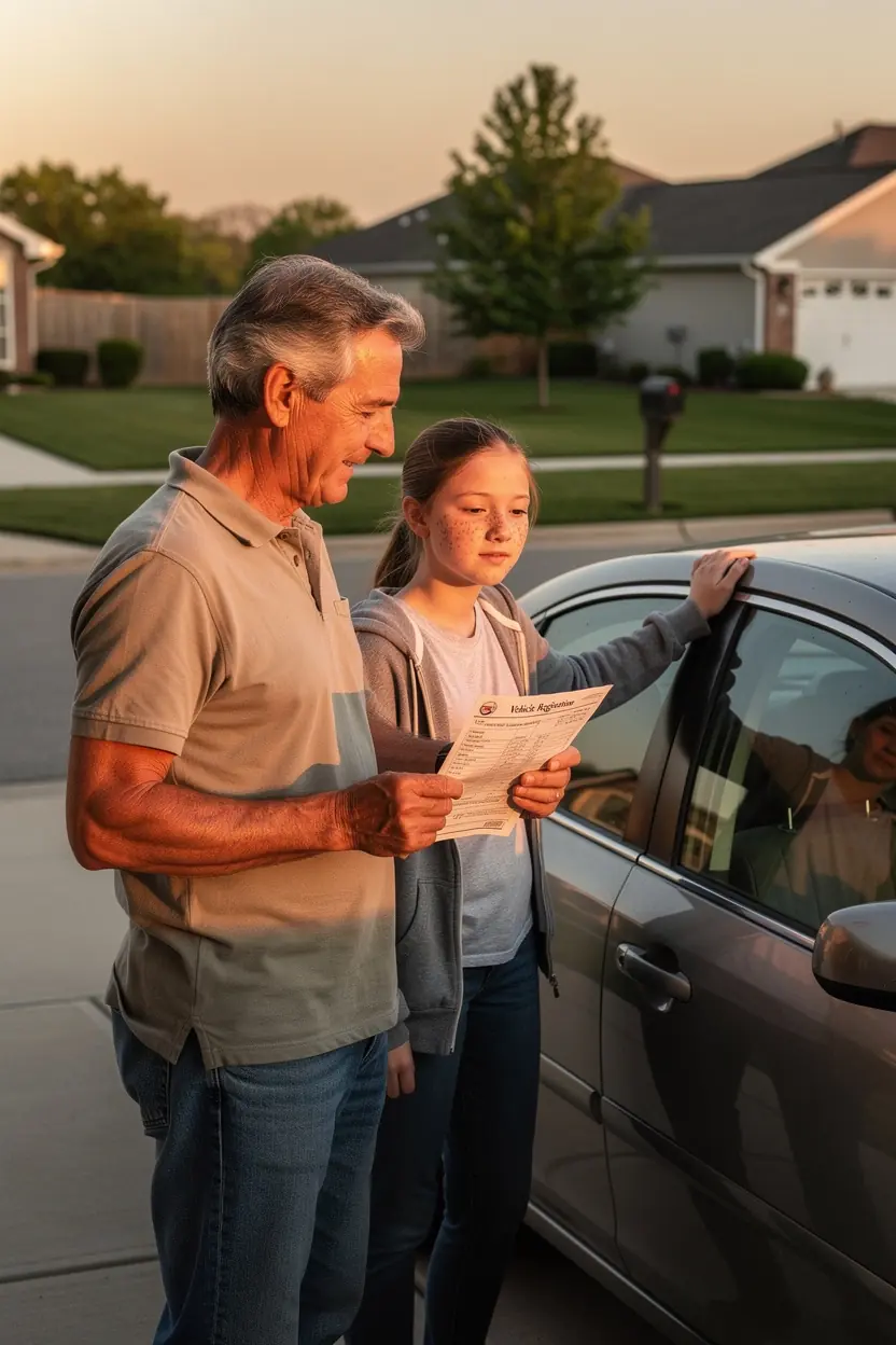 Фотография семьи, обсуждающей выбор страхового полиса для своего автомобиля.